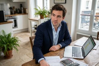 Homme en veste navy examine documents d'assurance moto