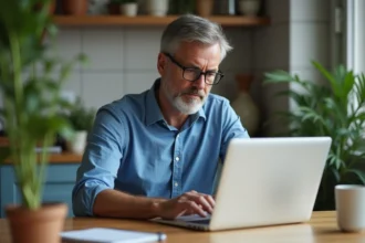 Homme d'âge moyen utilisant un ordinateur portable dans une cuisine