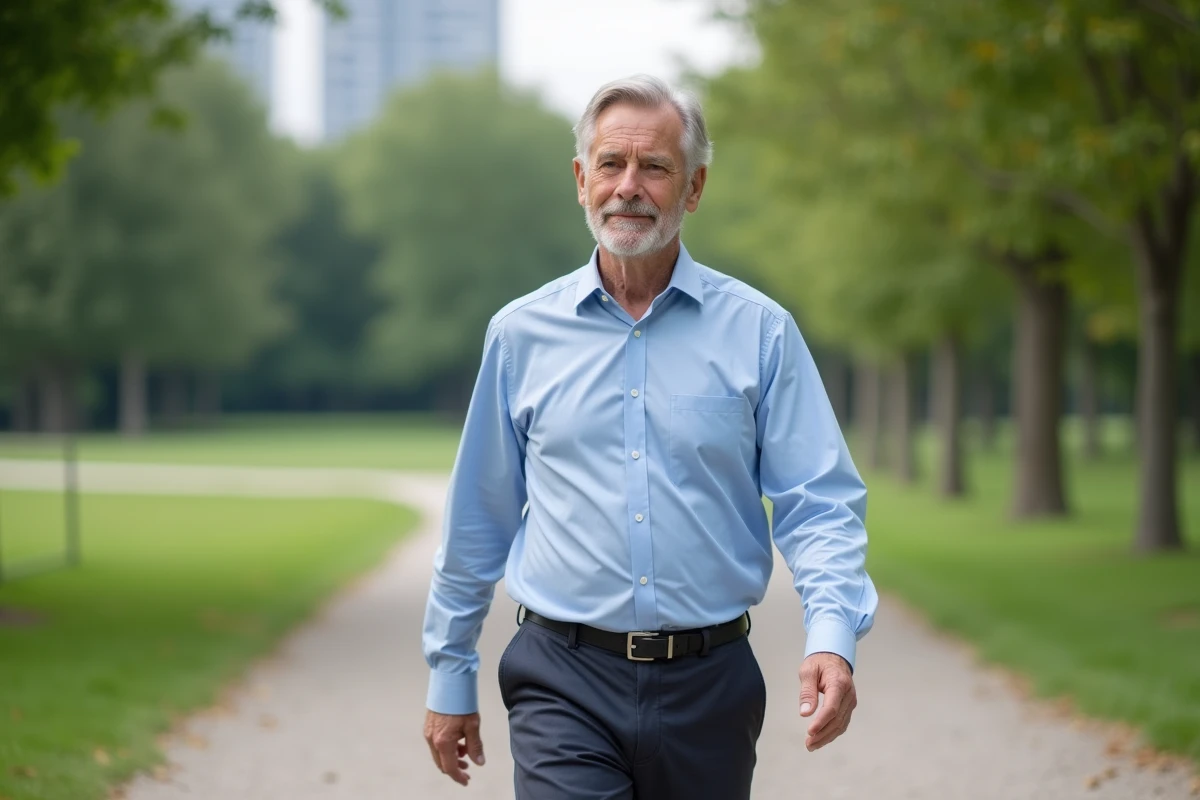 Homme en chemise bleue marche dans un parc urbain calme