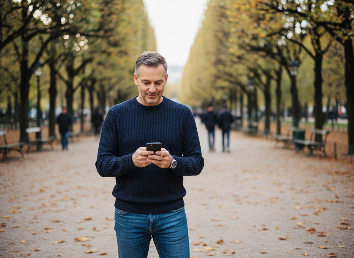 Homme en pull bleu dans un parc urbain