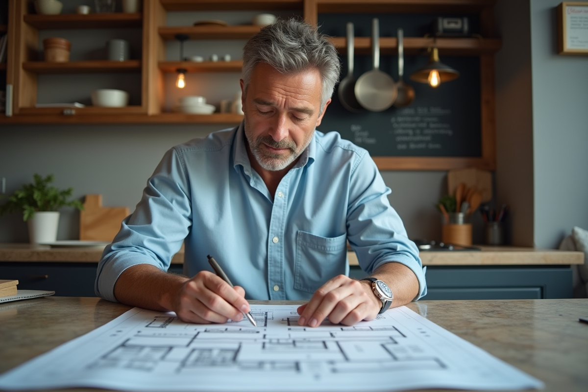Homme analysant un plan immobilier dans une cuisine chaleureuse