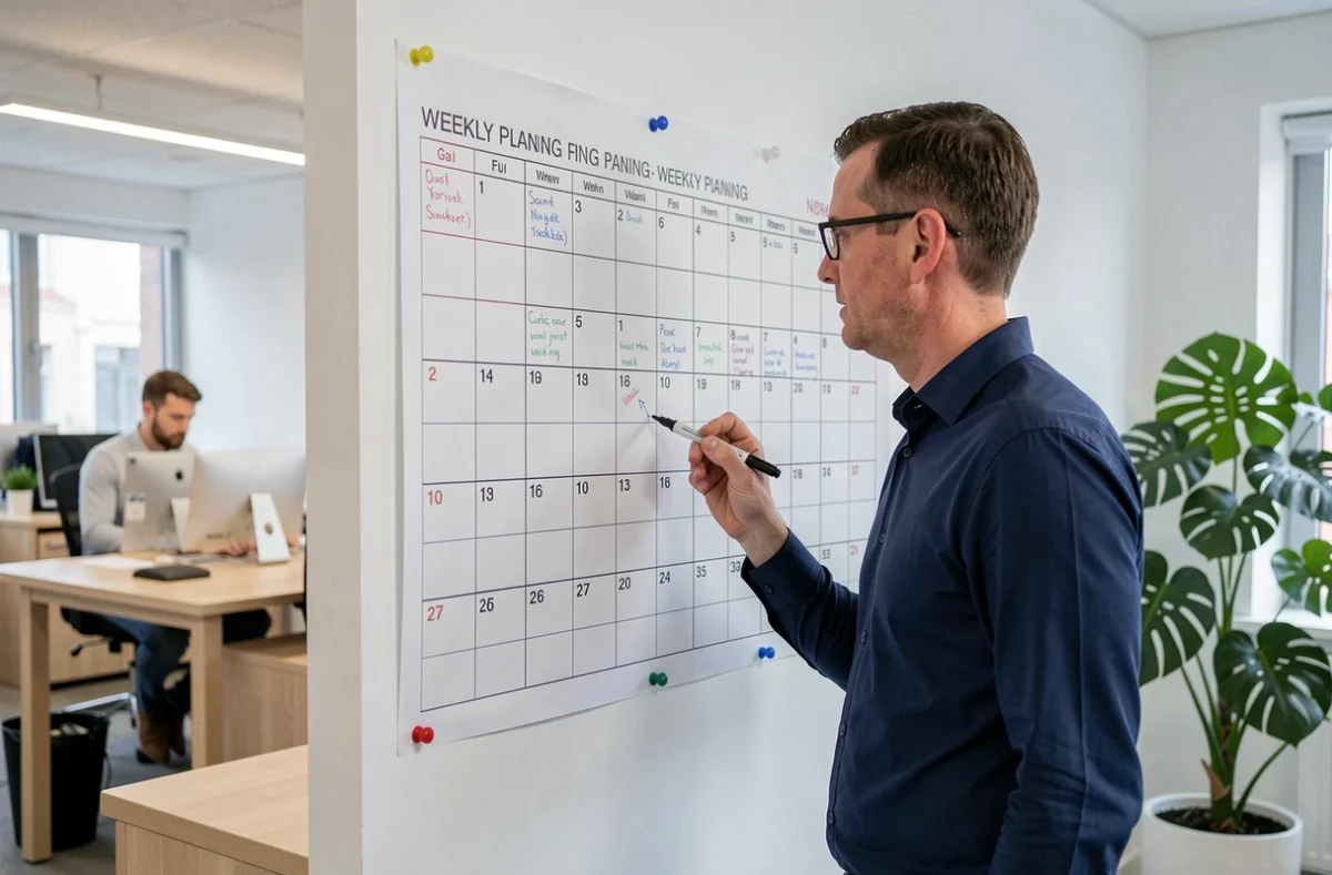 Homme en bureau moderne examinant un planning mural avec semaines paires et impaires numérotées