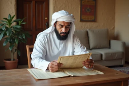 Homme musulman en thobe étudie un calendrier de prières