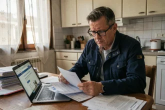 Homme inquiet consultant des documents officiels liés à un PV RATP en retard de paiement à son domicile