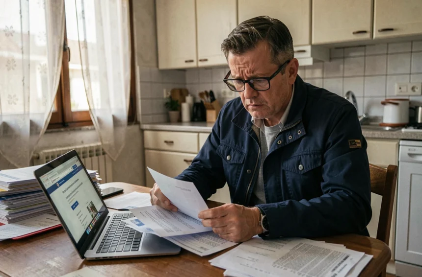 Homme inquiet consultant des documents officiels liés à un PV RATP en retard de paiement à son domicile