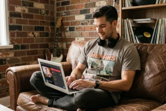 Homme écoutant une radio rock en streaming sur son ordinateur portable dans un salon aux murs en brique avec guitare électrique vintage