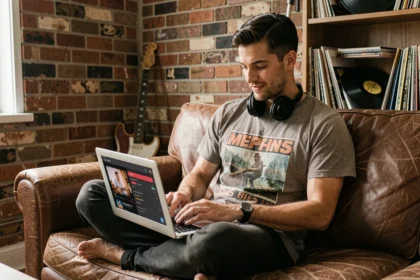 Homme écoutant une radio rock en streaming sur son ordinateur portable dans un salon aux murs en brique avec guitare électrique vintage