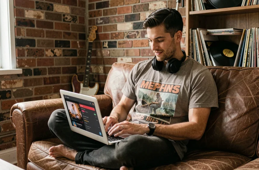 Homme écoutant une radio rock en streaming sur son ordinateur portable dans un salon aux murs en brique avec guitare électrique vintage