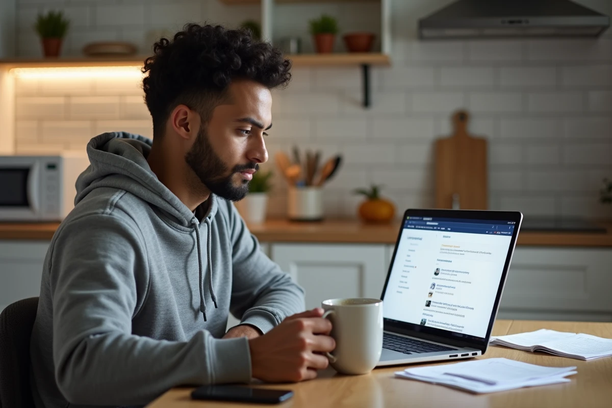 Homme en recherche d'emploi consultant le site France Travail depuis son domicile