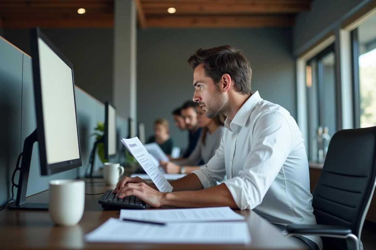 Homme concentré consultant un document juridique avant d'envoyer un e-mail à un notaire depuis un espace de coworking