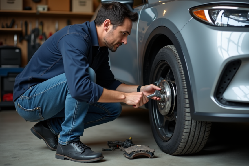 Homme d'âge moyen répare le frein d'une voiture dans un garage