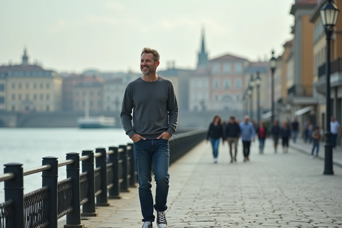 Homme décontracté marchant au bord de la rivière