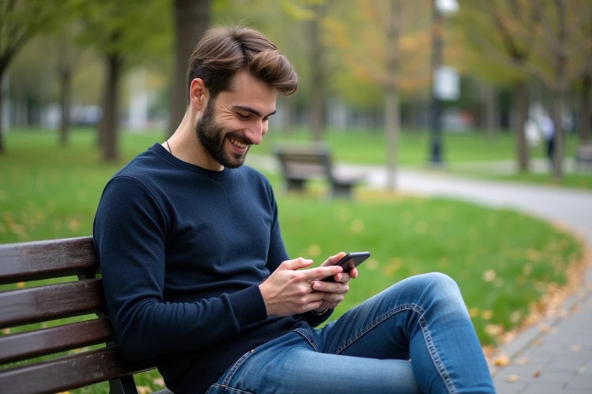 Homme assis dans un parc utilisant un smartphone