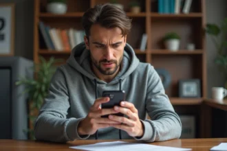 Homme adulte vérifiant son smartphone avec méfiance pour éviter les arnaques sur Monopoly GO
