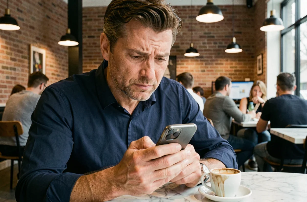 Homme consultant une aide de mots croisés sur son smartphone dans un café urbain moderne