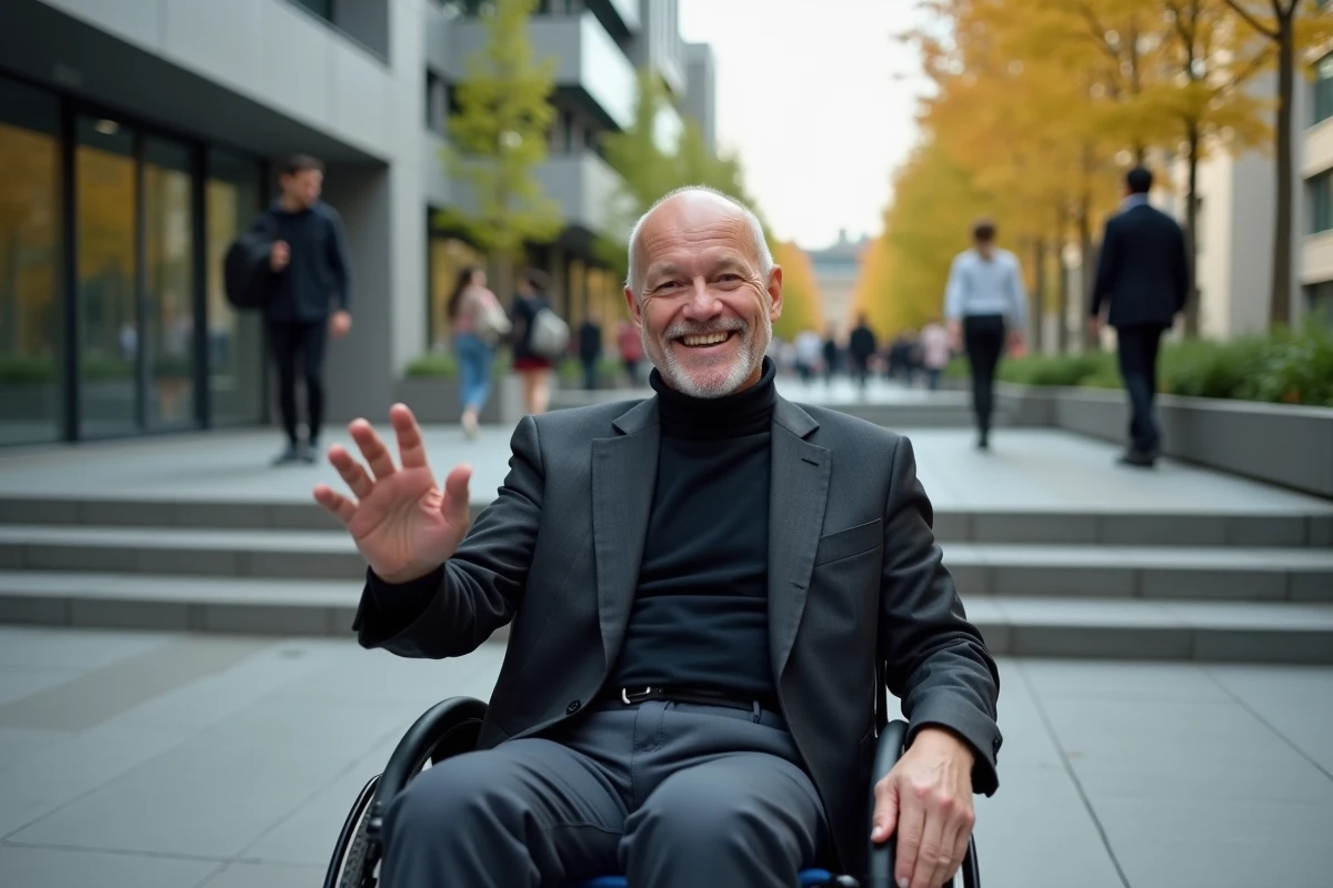 Homme âgé souriant en fauteuil dans un espace urbain moderne
