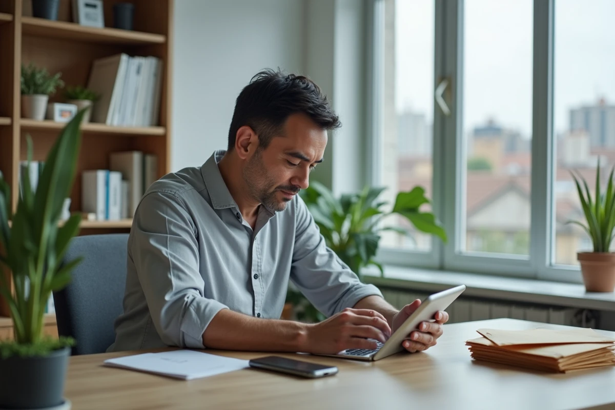Homme concentré modifiant son adresse de livraison sur une tablette