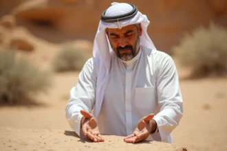 Homme effectuant le tayammum sur une pierre sèche dans un paysage aride, geste rituel islamique de purification