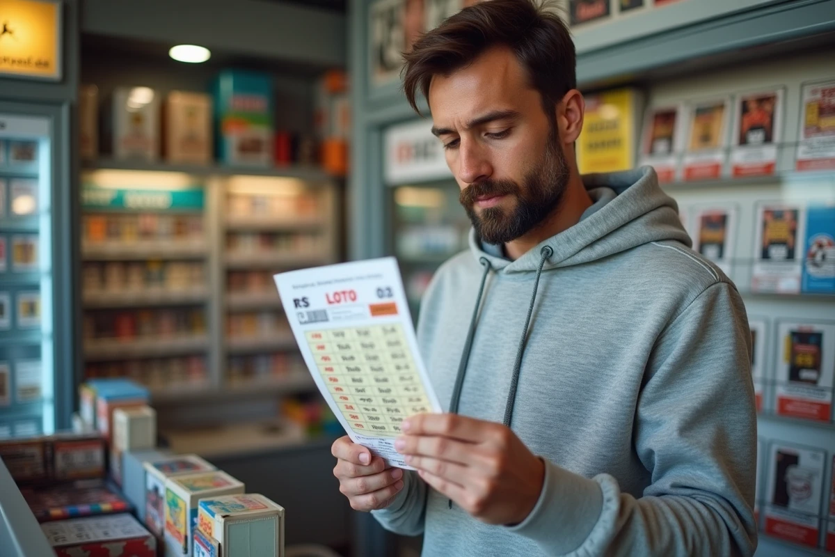 Homme vérifiant sa grille de LOTO au comptoir d'un bureau de tabac avant validation