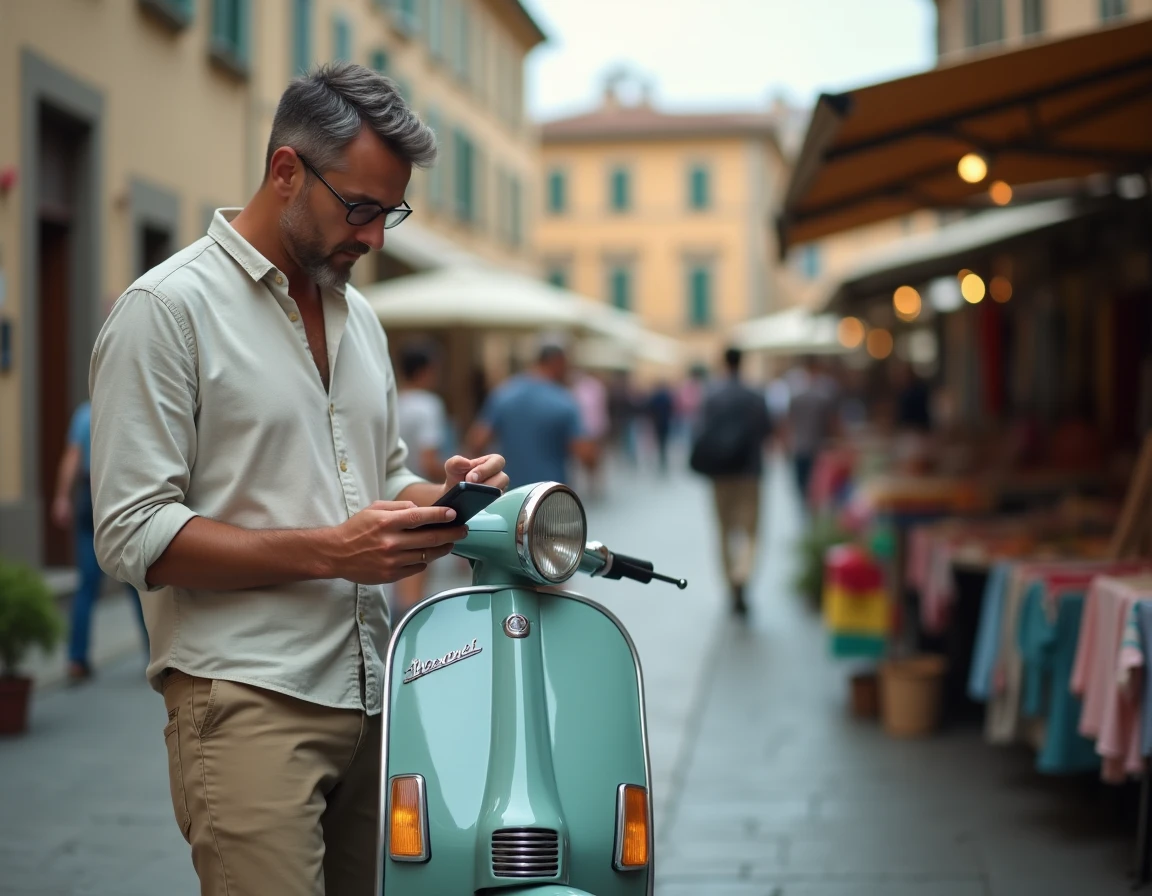 Homme examinant un scooter Vespa d'occasion lors d'un marché aux puces en Italie avec une annonce sur smartphone