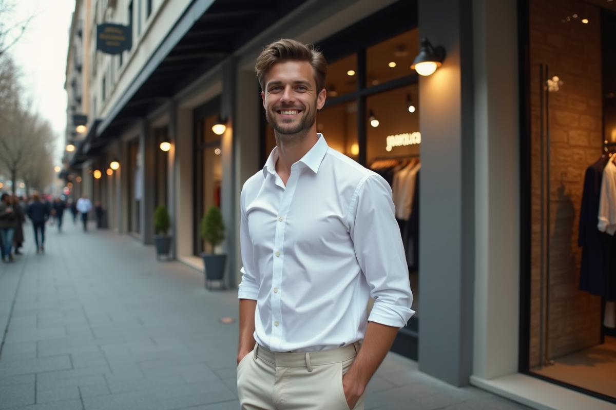 Homme confiant en ville devant une boutique tendance