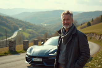 Homme français élégant avec voiture de luxe en campagne