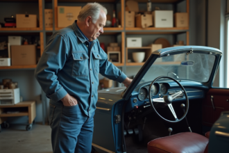Homme examinant l interieur d une voiture ancienne