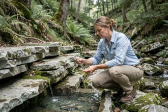 Hydrogéologue prélevant un échantillon d'eau à une source naturelle émergeant d'une roche calcaire en milieu forestier