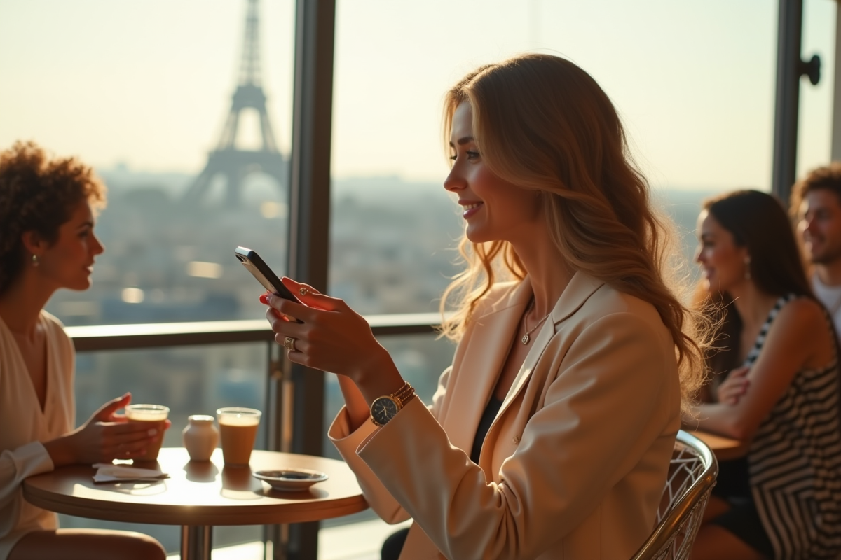 Influenceuse élégante au café rooftop avec vue sur Paris