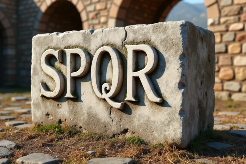 Inscription SPQR gravée dans le marbre antique d'un site archéologique romain en Italie