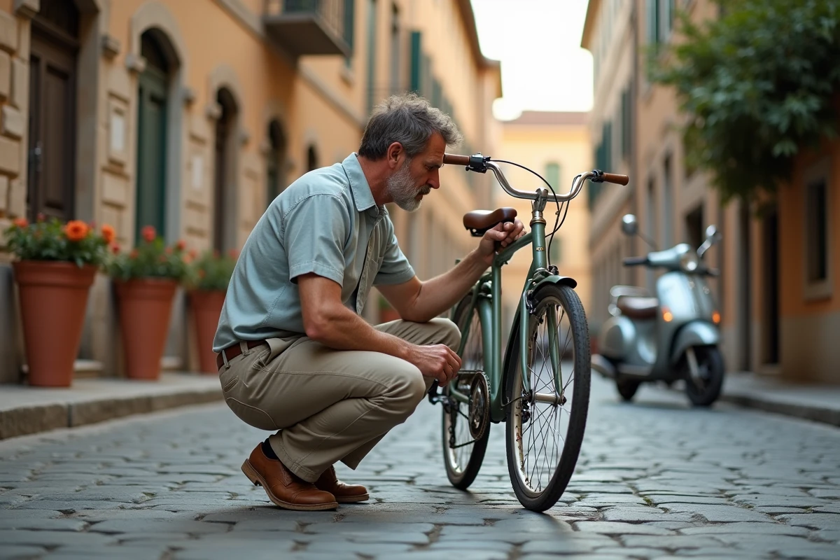 Homme inspectant un vélo d'occasion dans une rue pavée d'une ville italienne avant achat