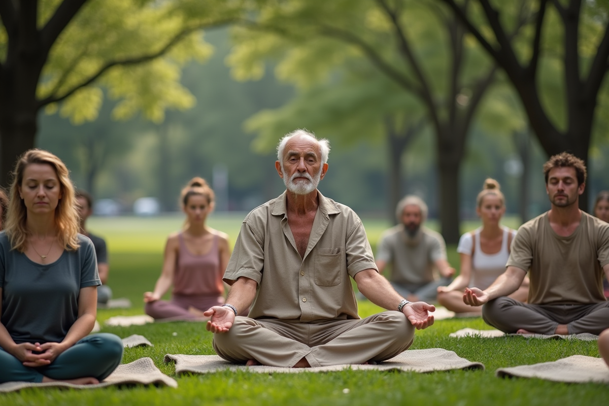 Instructeur de yoga guidant un groupe en pleine conscience en plein air