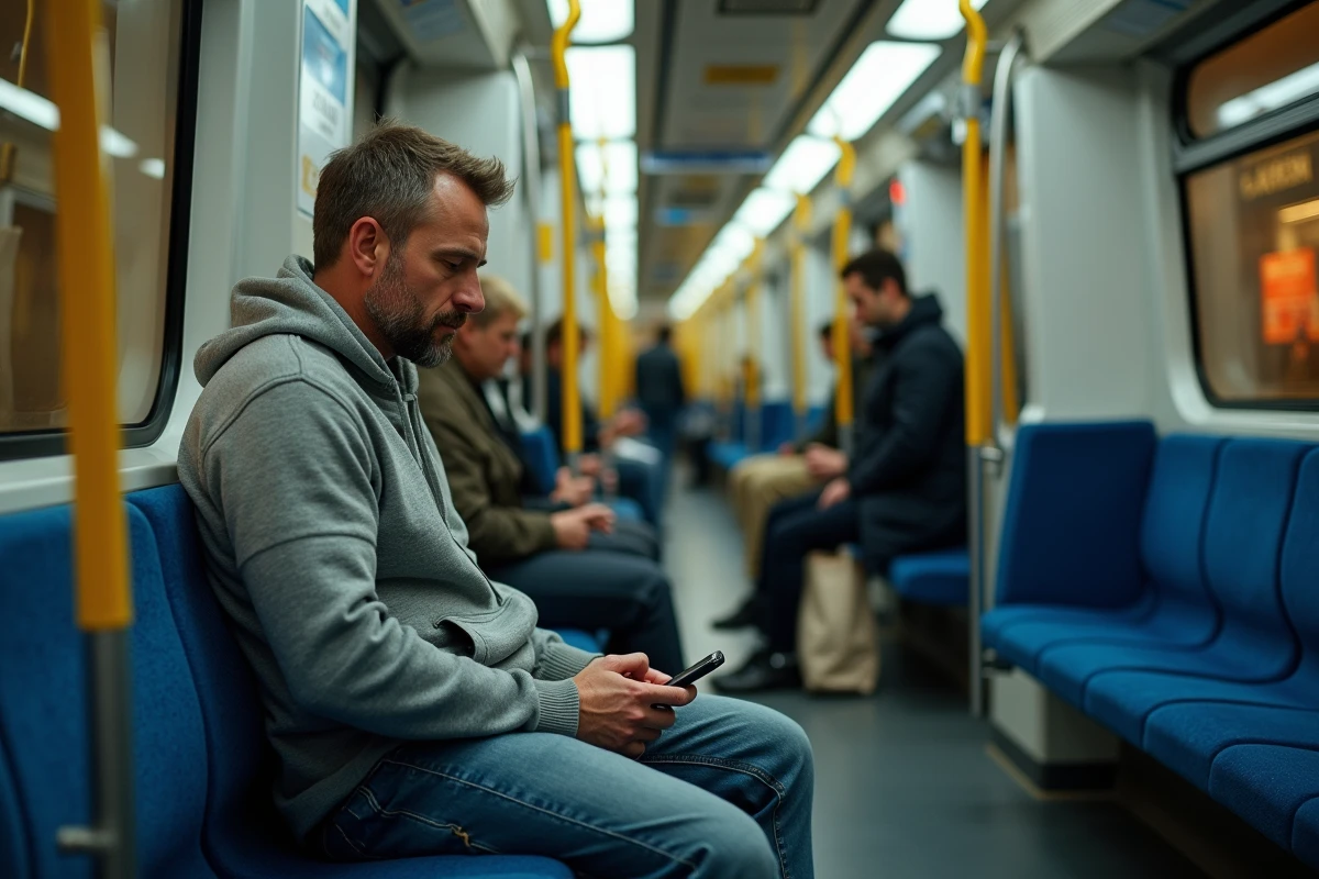 Intérieur d'une rame du métro ligne 14 avec passagers le week-end