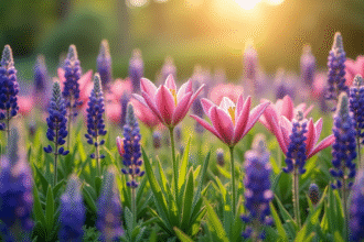 Jardin coloré avec lavande et lys sous soleil matinal