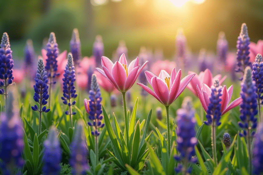 Jardin coloré avec lavande et lys sous soleil matinal