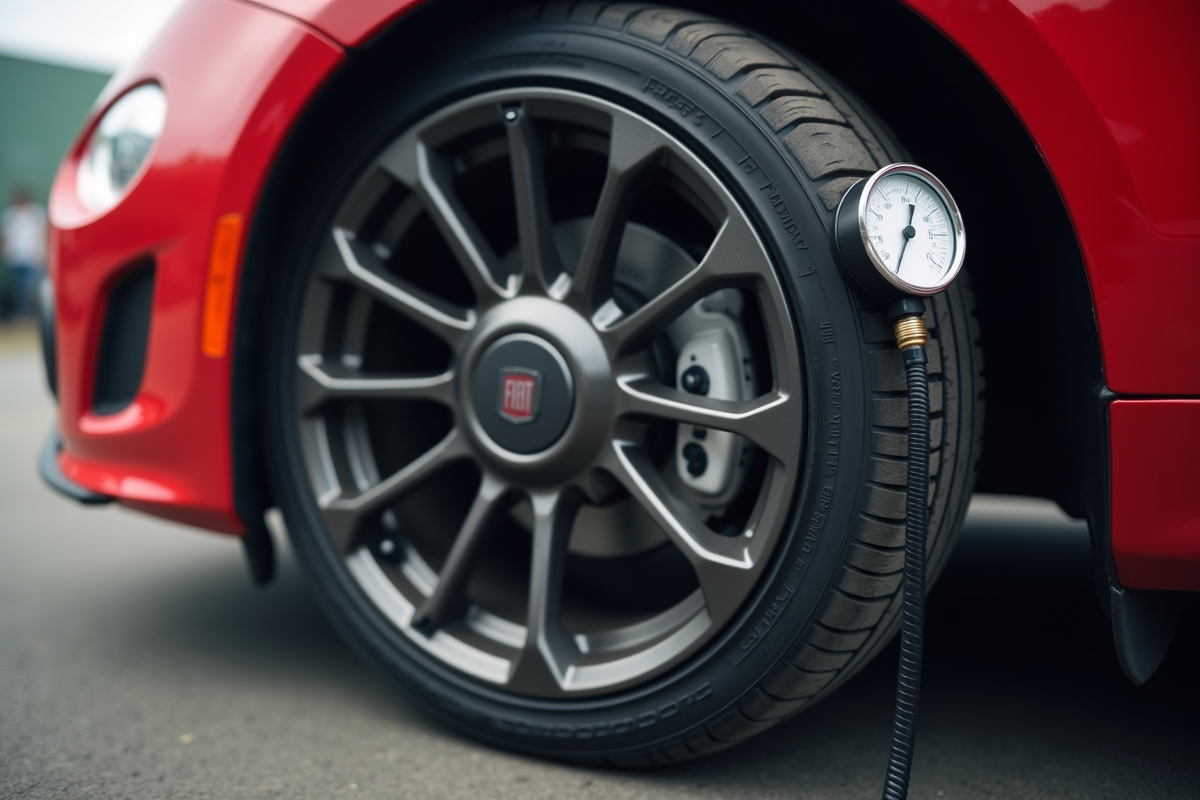 Détail du pneu de la Fiat 500 avec jauge numérique en daylight