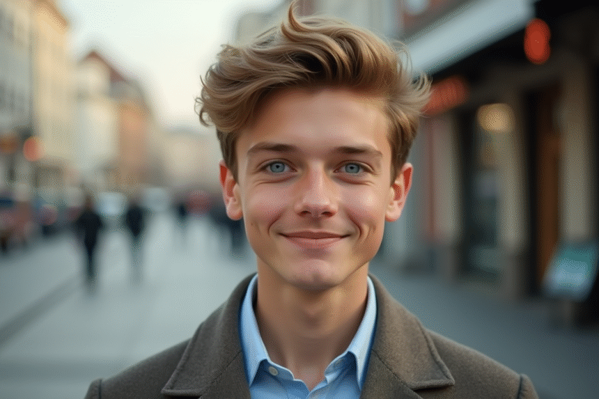 Jeune acteur aux yeux bleus en extérieur avec sourire naturel