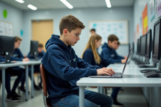 Jeune garçon concentré sur son ordinateur dans une salle multimédia scolaire
