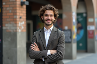 Jeune homme artiste en costume dans la rue