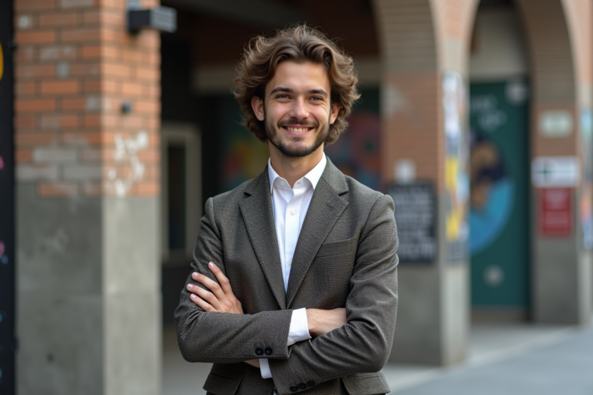 Jeune homme artiste en costume dans la rue