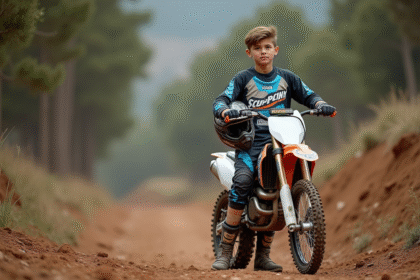 Jeune garçon de motocross avec casque et moto 150cc