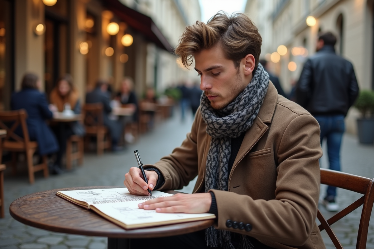 Jeune homme dessinant dans un café parisien