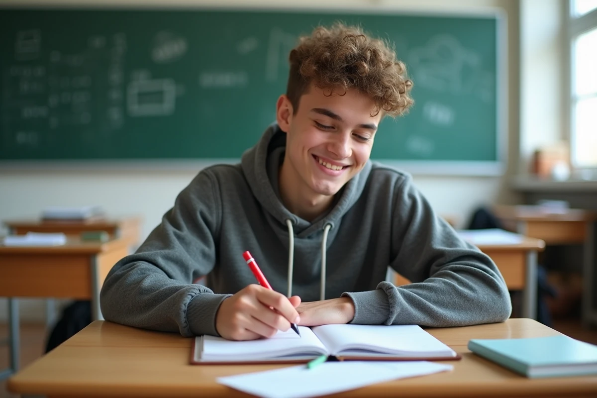 Jeune étudiant vérifiant ses devoirs avec un stylo rouge en classe