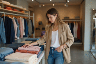 Jeune femme en blazer et jeans dans une boutique moderne