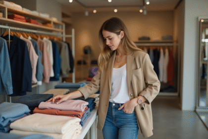 Jeune femme en blazer et jeans dans une boutique moderne