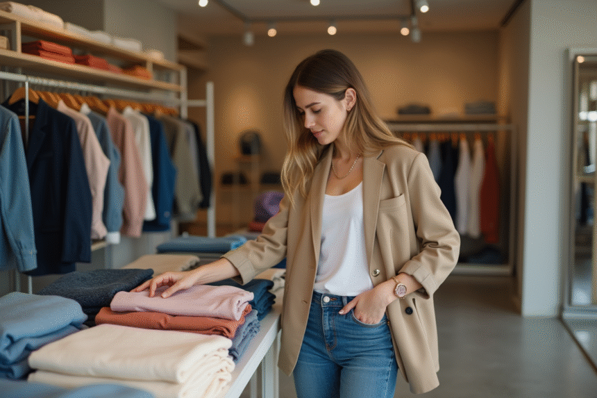 Jeune femme en blazer et jeans dans une boutique moderne