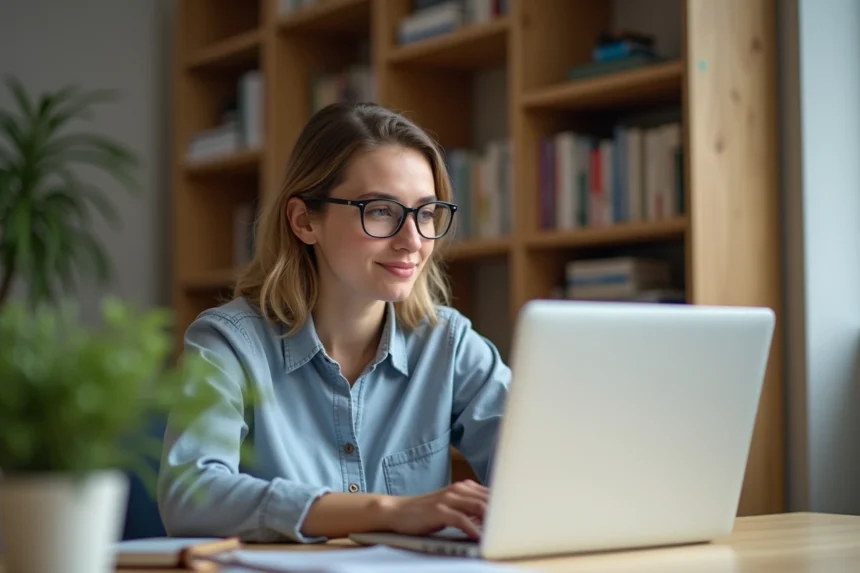 Jeune femme au bureau travaillant sur son ordinateur