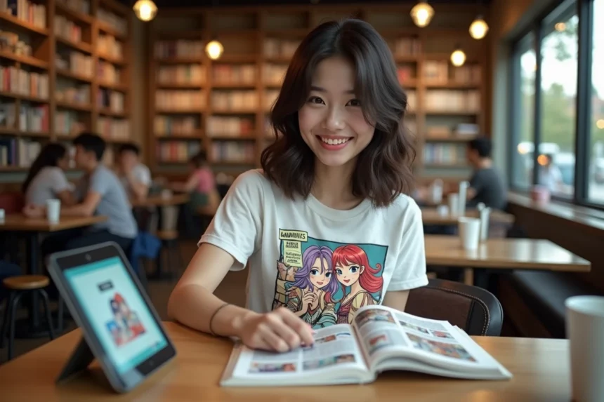 Jeune femme lisant manhwa dans un café moderne