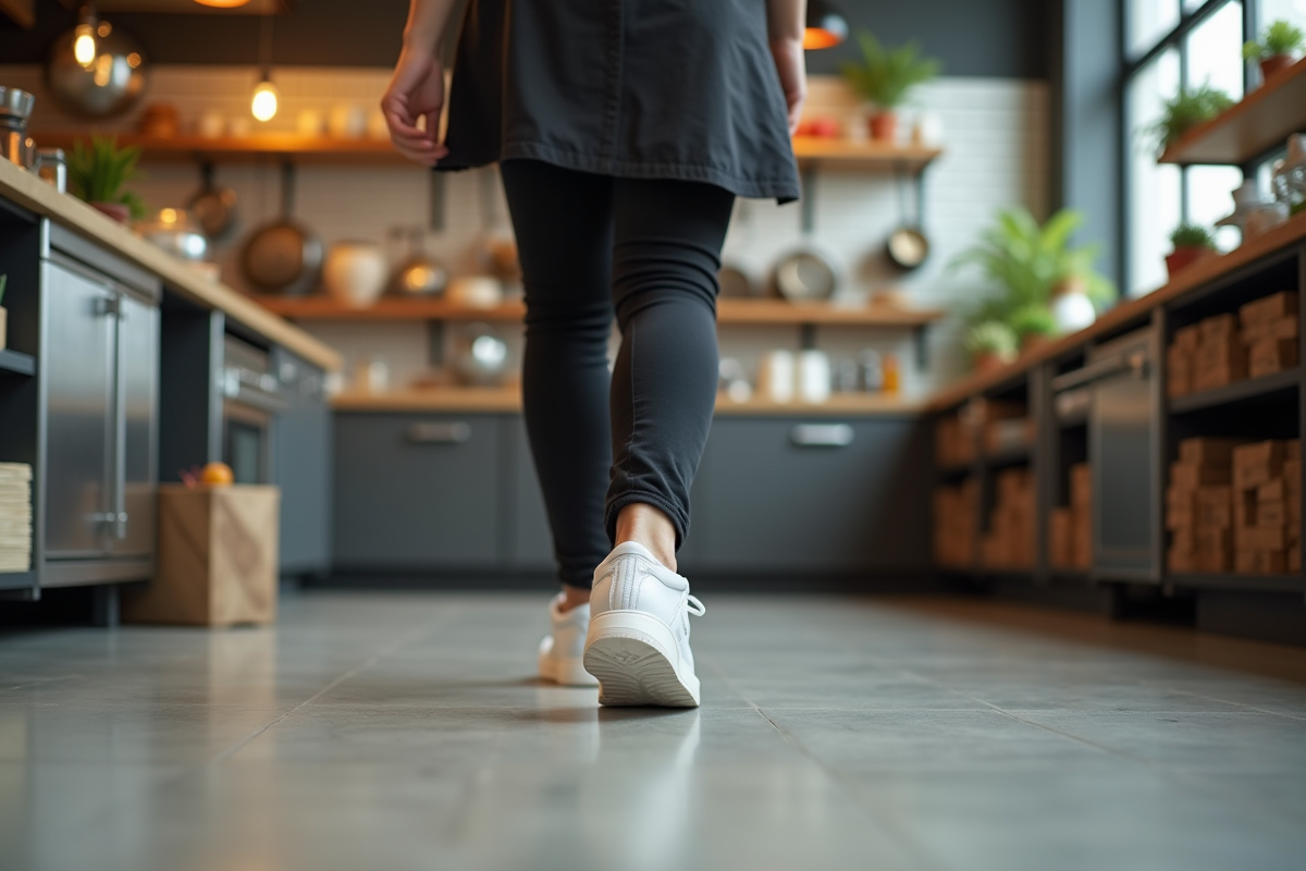 Jeune femme en cuisine marchant avec des chaussures de sécurité blanches