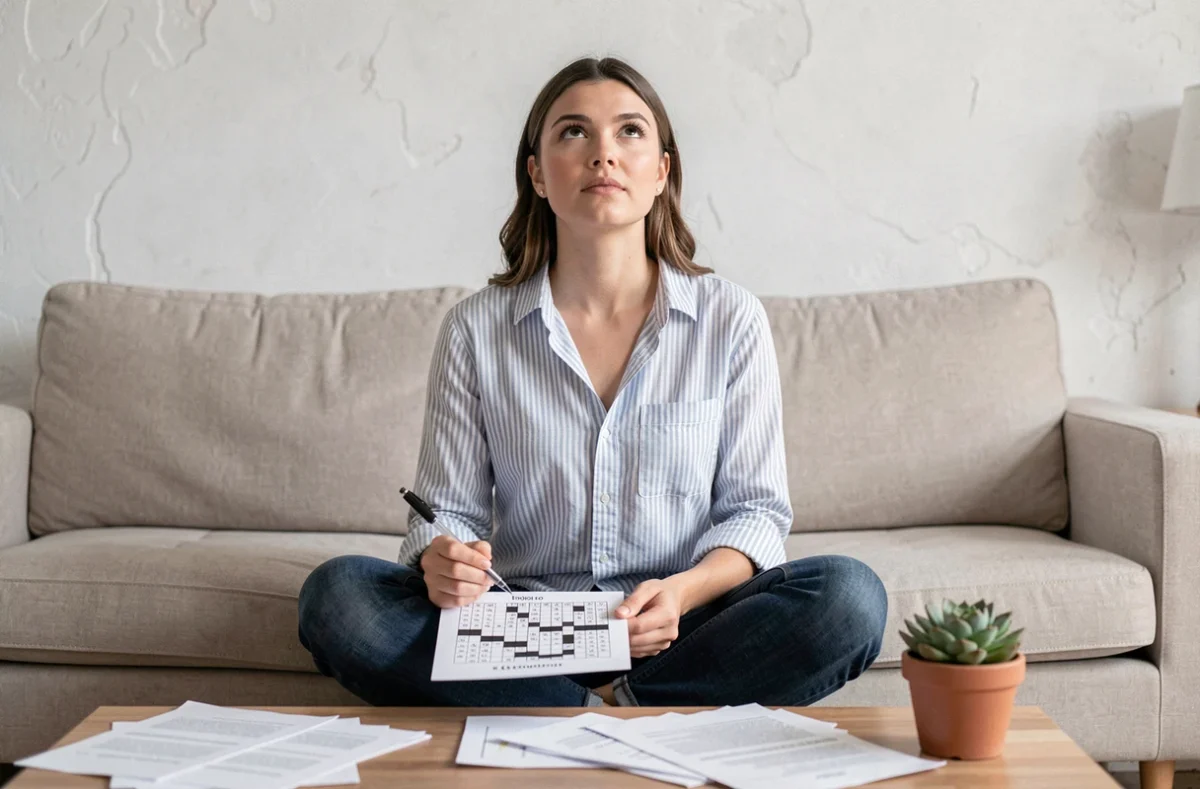 Jeune femme réfléchissant à la solution d'une grille de mots croisés papier sur un canapé